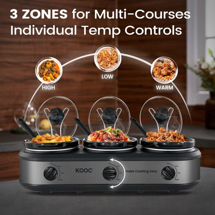 Triple Slow Cooker Buffet Server and Food Warmer 3x1.5 Quart Individual Temp Control With Lid Rests & Spoons With Liners Included Grey