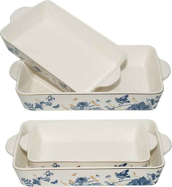 Baking Pans Set of 2 Blue flower 14 inch Ceramic for Oven Large Casserole Baking Dish Set with Handles Porcelain Bakeware Sets Casserole Dish for Oven/Cooking/Kitchen/Cake Dinner/Turkey/Pumpkin/Thanksgiving Holiday Gifts