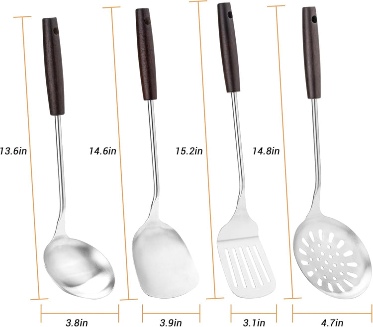 FJNATINH Cooking Utensils - Spatula, Ladle, Skimmer Spoon, Slotted Spatula - 4 Pieces Stainless Steel Wok Utensils Set for Carbon Steel