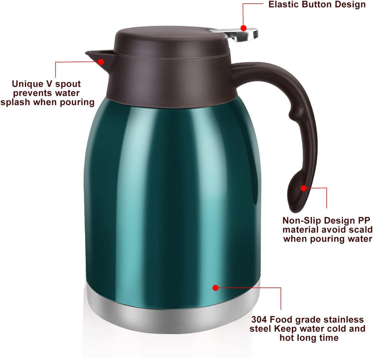 54oz Stainless Steel Thermal Coffee Carafe Dispenser, Unbreakable Double Wall Vacuum Flask 1.6L Water Tea Pot Beverage Pitcher for Hot Coffee for Christmas Carafe (Green)