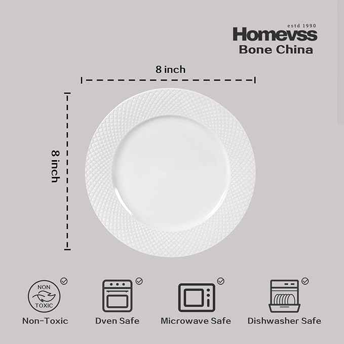 HomeVss, New Bone China Dinnerware Set, Embossed Diamond Design, 48pc Set