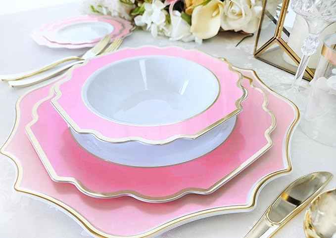 " OCCASIONS " 200 Piece set (25 Guests)-Wedding Plastic Plates & cutlery -Disposable heavyweight Dinnerware 10.5'', 8'' + Silverware + Cups + Napkins (Imperial in Rose Pink & Gold)