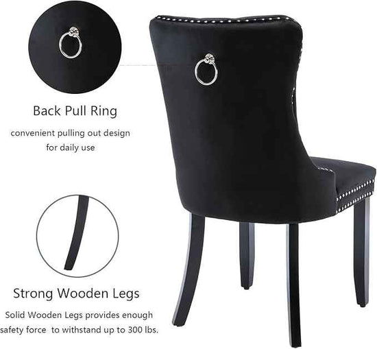 Black Dining Chairs Set of 2,Upholstered Velvet Dining Room Chairs with Back Ring Pull Trim and Solid Wood Legs,Modern Dining Chairs Perfect for Dining Room, Kitchen(Black)