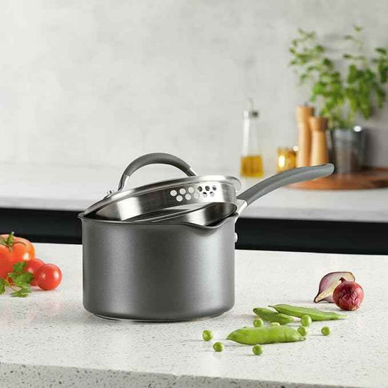 Circulon A1 Series with ScratchDefense Technology Nonstick Induction Straining Sauce Pan with Lid, 2 Quart, Graphite