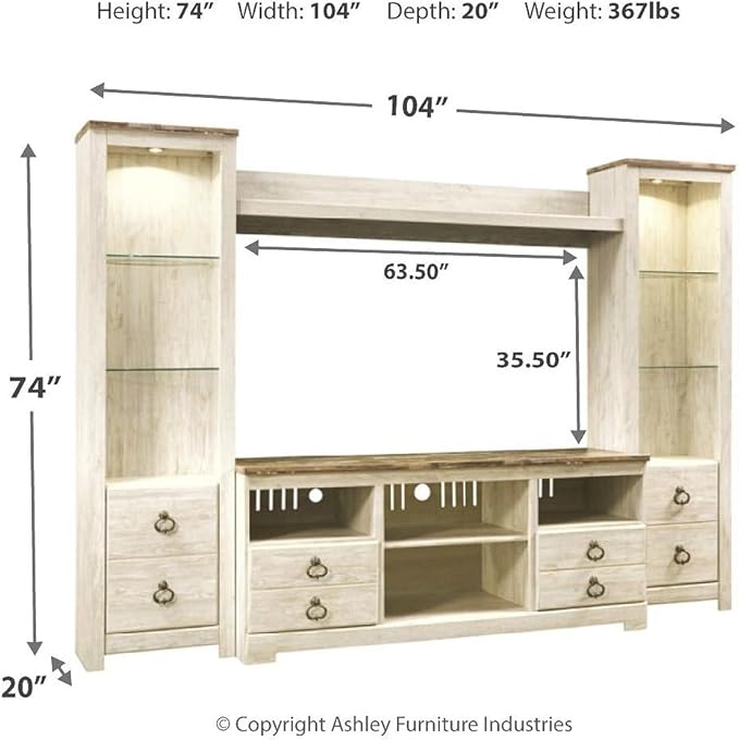 Signature Design by Ashley Willowton Vintage 4-Piece Entertainment Center for TVs up to 72" with LED Lights, Whitewash