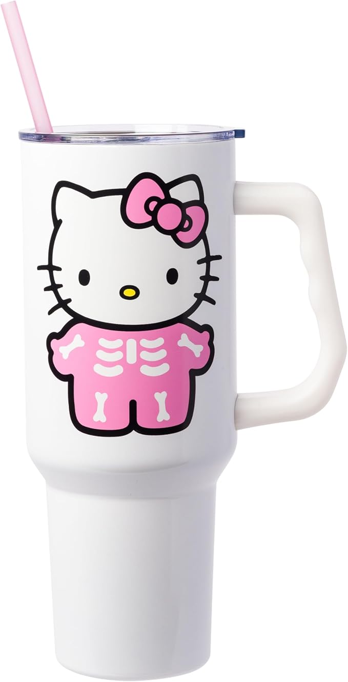 Silver Buffalo Sanrio Hello Kitty Halloween Spooky Skeleton Costume Stainless Steel Tumbler with Handle and Straw, Fits in Standard Cup Holder, 40 Ounces (Pack of 12)