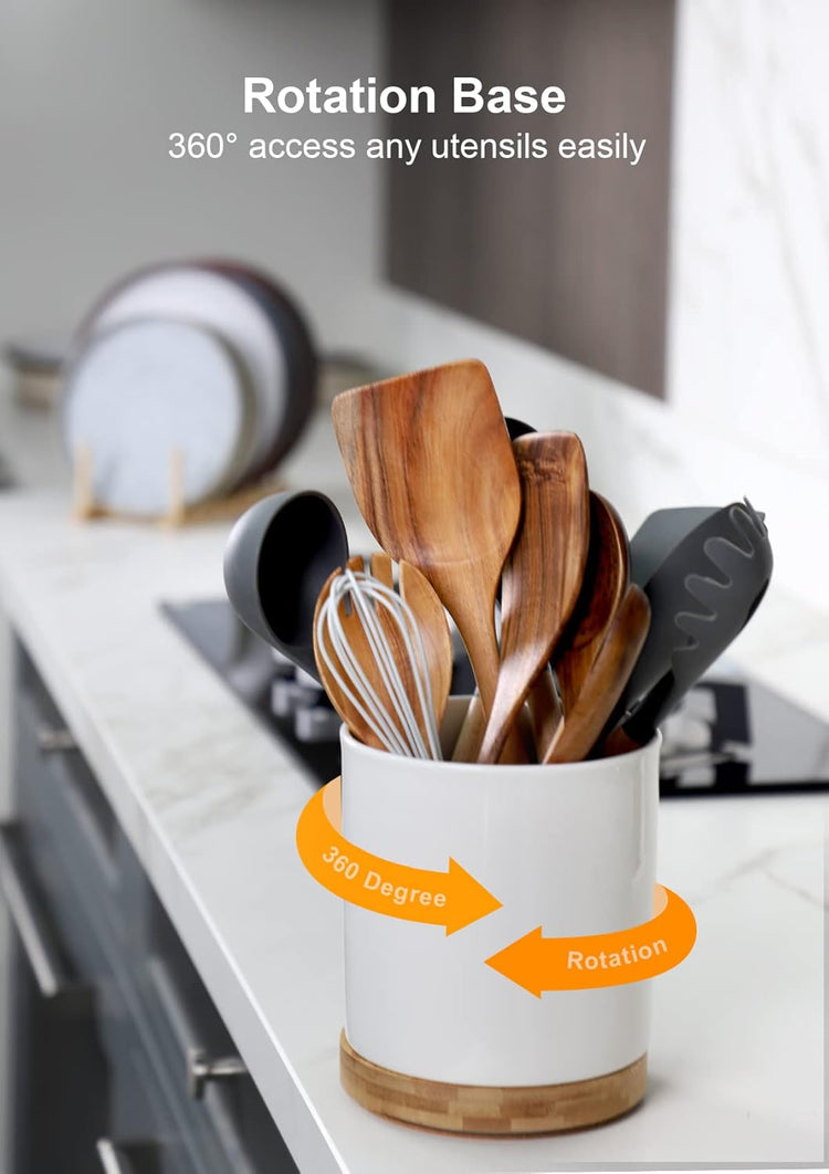 Nucookery 360° Rotating Utensil Holder, 7.2" Large Utensil Crock, White Ceramic Cooking Utensil Organizer with Countertop-Protection Cork Bottom for Farmhouse Kitchen Decor Christmas Gift (White)