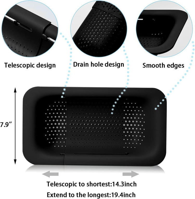 Collapsible Sink Colanders and Strainers Basket Extendable Plastic Fruit Vegetable Strainer Drainer Basket for Kitchen (Length 13.6 inch-18.7 inch) (Black) 6 * 10