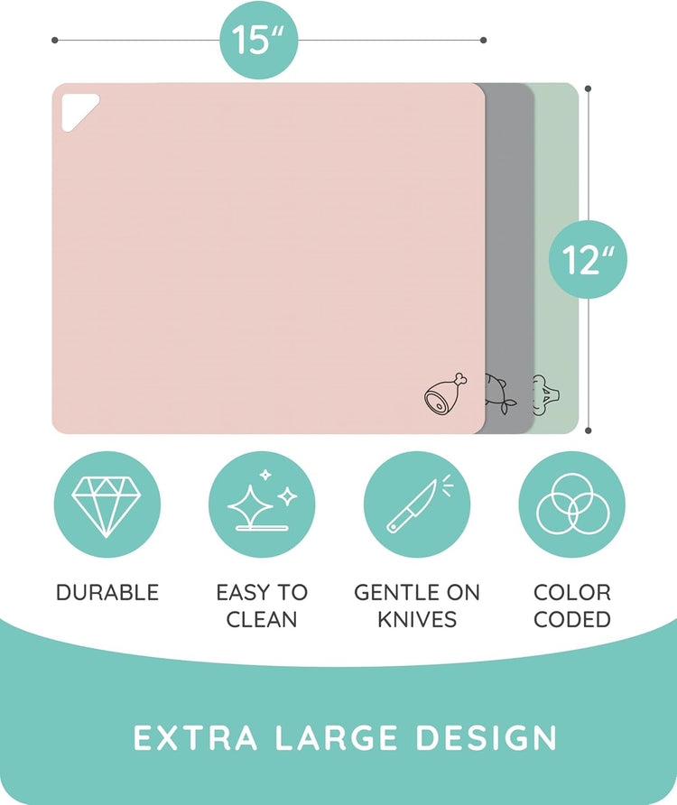 July Home Cutting Board Alternative for Kitchen - Extra Thick Flexible Plastic Cutting Board Set of 3, Non-Slip, BPA-Free, Easy to Clean, Colored Cutting Mats for Cooking, Durable Chopping Sheets