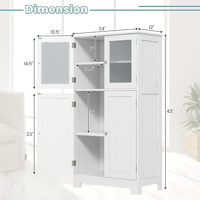 COSTWAY Bathroom Storage Cabinet, Wooden Linen Storage Organizer Cupboard with Doors & Adjustable Shelf, Freestanding Floor Cabinet for Living Room, Kitchen, Entryway, Office (White)