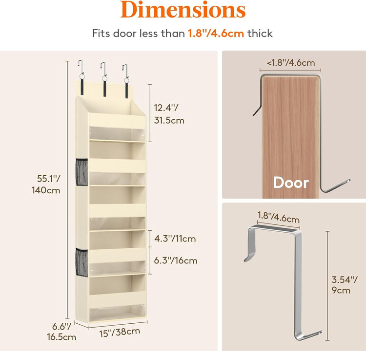 Lifewit 1 Pack Over the Door Organizer, 5 Shelf Clear Window Hanging Storage with 4 Mesh Side Pockets, Anti Tilt 40 lbs Load Behind Door for Pantry, Nursery, Bathroom, Bedroom, Kitchen, Dorm, Beige