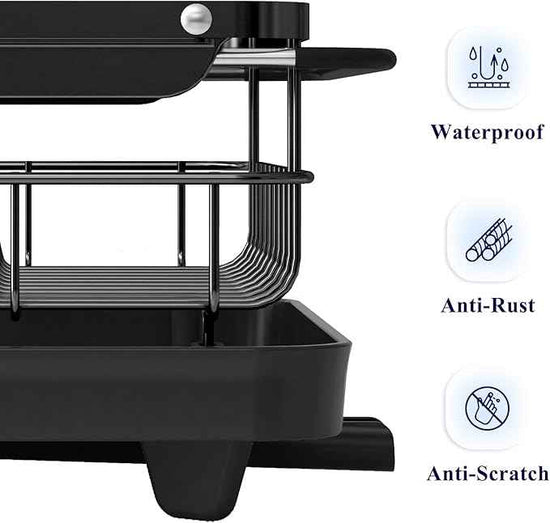 Kitsure Dish Drying Rack for Kitchen Counter, Stainless Steel Sink Organization and Storage Essentials with Cutlery Holder, Home and Appartment Decor, 12.2''W x 15.7''~23''L, Black