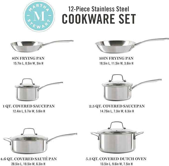 Martha Stewart Castelle 10 Piece 18/8 Durable Stainless Steel Induction Safe Non-Toxic Triply Bottom Kitchen Pots and Pans Cookware Set - Dishwasher Safe