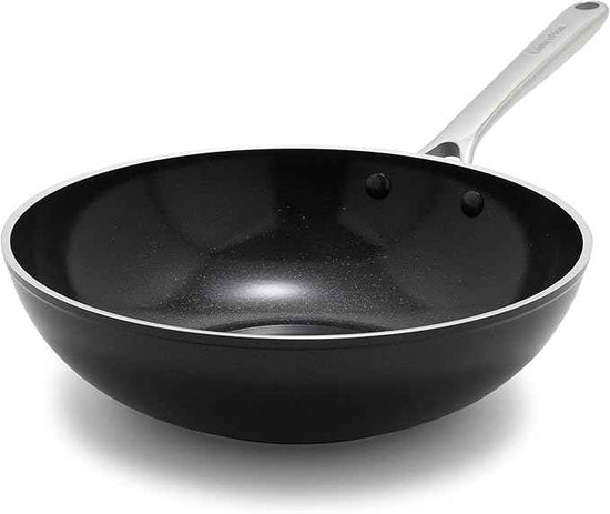Orfeo 11” Nonstick Wok Pan, Made in Italy, Diamond Ceramic PFAS-Free Cookware, Induction Ready, Scratch Resistant, Laser-Fused Surface for Durability, Dishwasher Safe, Black