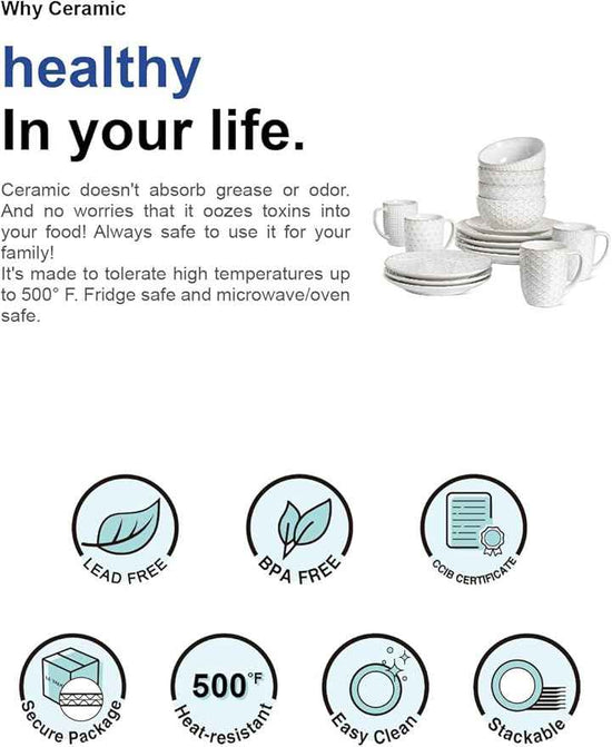 LE TAUCI 16 Piece Dinnerware Set, Arctic White, Stoneware Plates and Bowls With Mugs, Ideal for 4, Serve for 4, Stackable, Lead and Cadmium Free