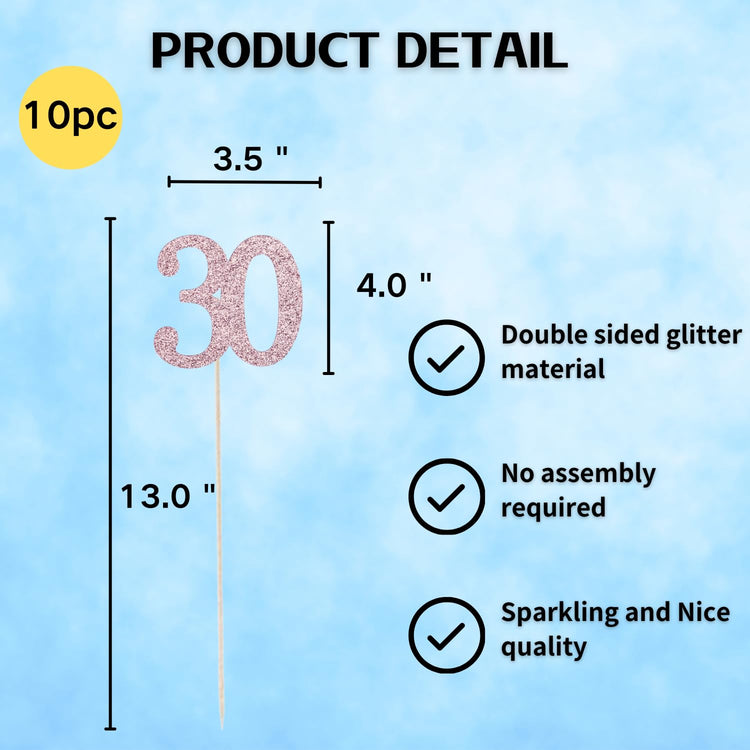 10Pcs Rose Gold 30th Birthday & Anniversary Centerpiece Sticks (10 Count)