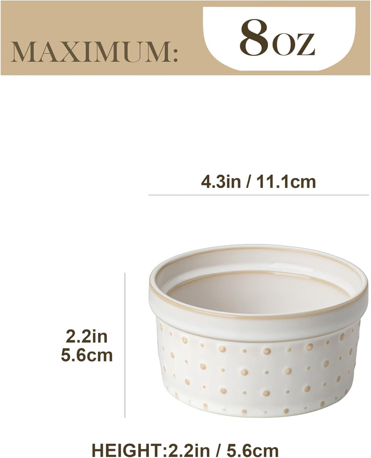 MALACASA Ramekins 8 Oz Oven Safe, Ceramic Creme Brulee Souffle Dishes, Pudding Custard Cups Ramekin For Baking, Small Dipping Sauce Bowls, Set of 4, Microwave and Dishwasher Safe, Arctic White