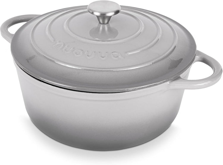 Nuovva Enamelled Cast Iron Dutch Oven Pot with Lid – 6.4 Quart Non Stick Casserole Pot – Heavy Duty & Oven Safe up to 500° F for Bread Baking, Braising, Stews, Roasting – 28cm Grey - Nestoria
