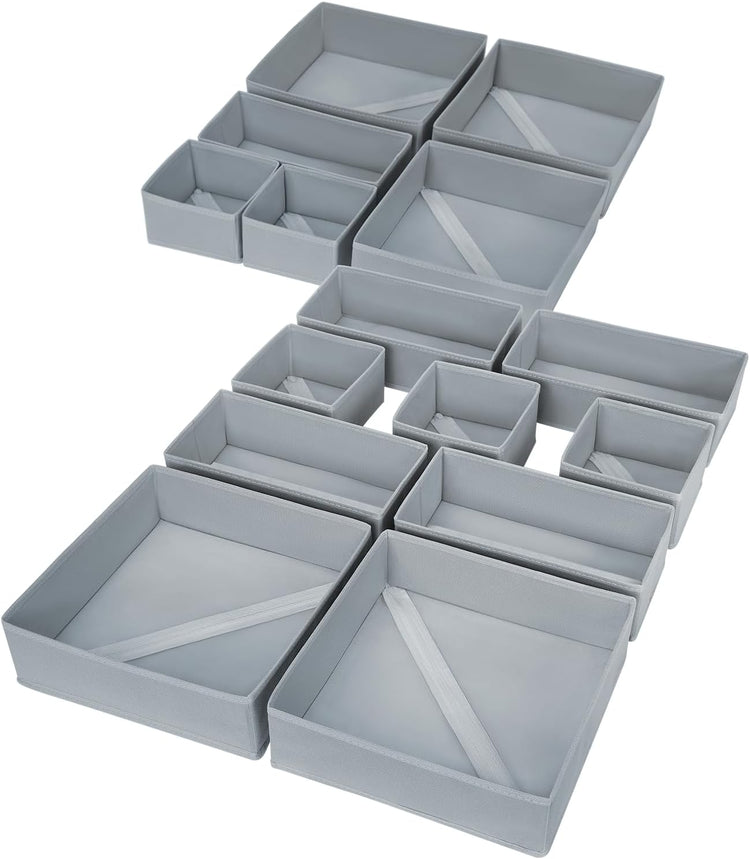DIMJ Drawer Organizer Clothes, 15 Pack Underwear Organizer, Foldable Closet Bins, Sock Organizer Bra Cube, Fabric Dresser Box for Clothes, Bra, Socks, Tie (Grey)