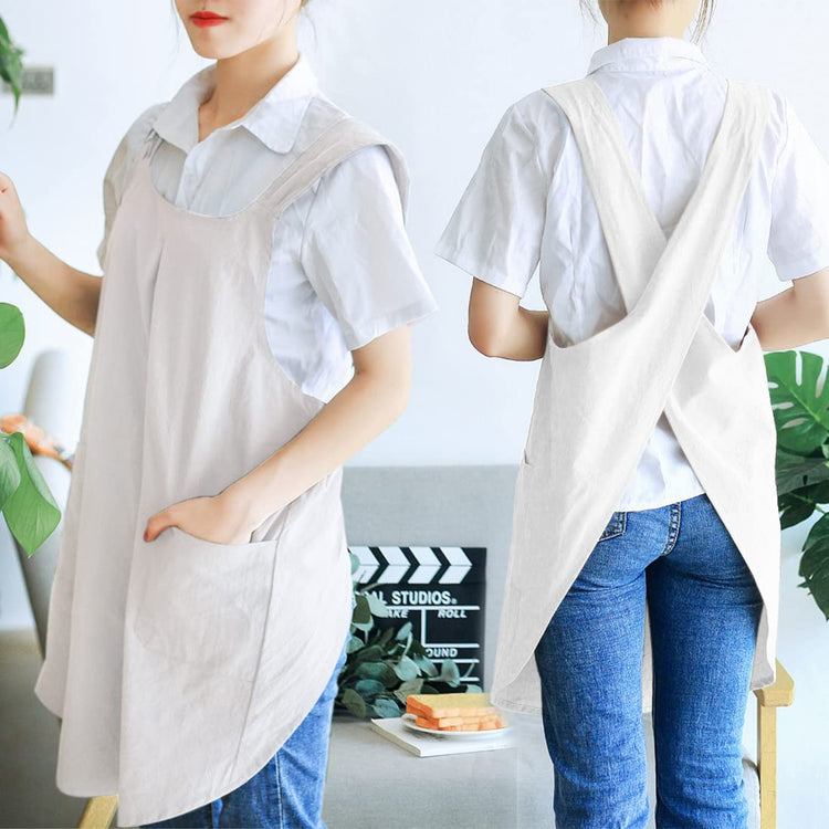Japanese Linen Cross Back Kitchen Cooking Aprons for Men with Pockets for Baking Painting Gardening Cleaning White