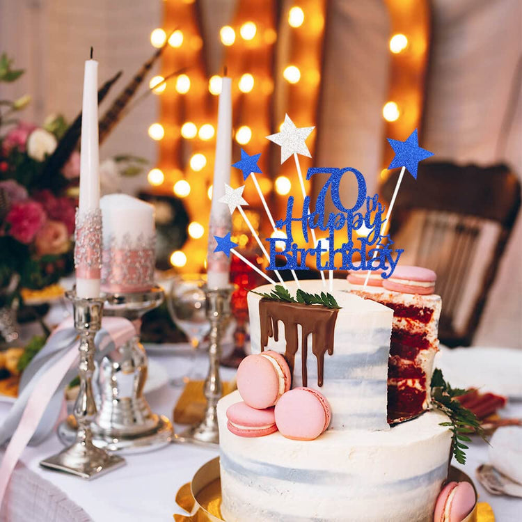 Royal Blue 70th Birthday Cake Topper with Glittery Stars (7 Count)