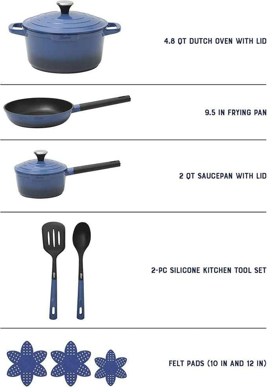 Oster Platinum Amberton 10 Piece Cast Aluminum Pots and Pans PFA Free Ceramic Non Stick Cookware Set - Blue