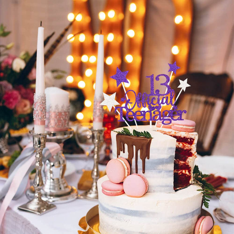 Purple Silver 13th Birthday Cake Topper with Glittery Stars (7 Count)