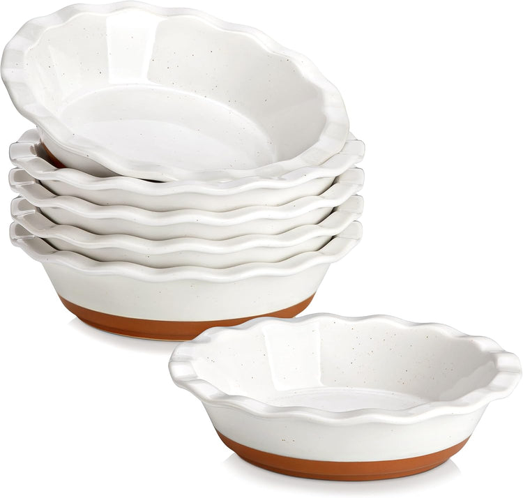 MALACASA Ceramic Mini Pie Pans Set of 6, 6 Inch Pie Plates for Baking with Ruffled Edge, Small Quiche Baking Dish Pans Tart Pans, Individual Pot Pie Plates, Microwave & Oven Safe, Khaki White
