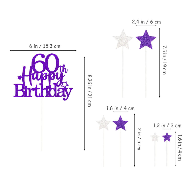 Purple Silver 60th Birthday Cake Topper with Glittery Stars (7 Count)