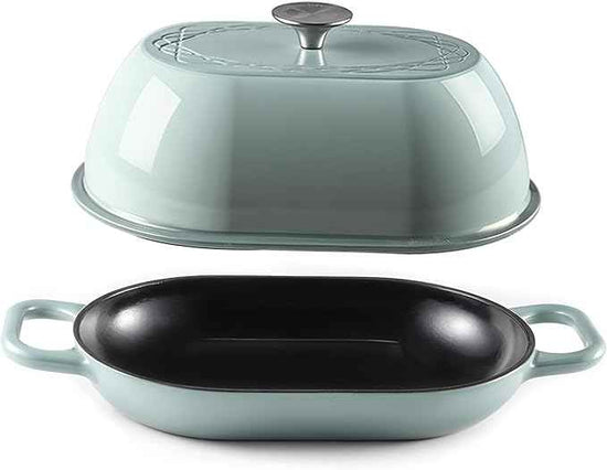 Enameled Cast Iron Dutch Oven for Professional Sourdough Bread Baking | 5.5 Quart Loaf Size Oval Cookware Pot with Lid | Triple-Layer Enamel Coating Pan with Non Stick Silicone Mat | Sea Salt