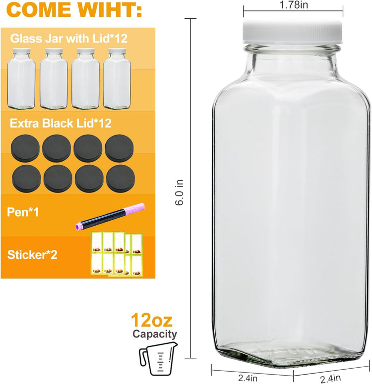 Brajttt Glass Juice Bottles with Lids, 12 OZ Juicing Bottles Reusable Glass, Set of 12 Square Beverage Containers Drinking Jars for Milk,Juice,Tea,Milkshake, Water,Honey,Jam