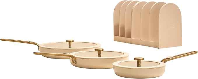 Our Place 8-Piece Essentials Complete Cookware Set - Ceramic Fry Pan Trio & Modular Rack Storage | Nontoxic Thermakind™ Nonstick, Oven Safe up to 450°F & Compatible with All Cooktops | Cream