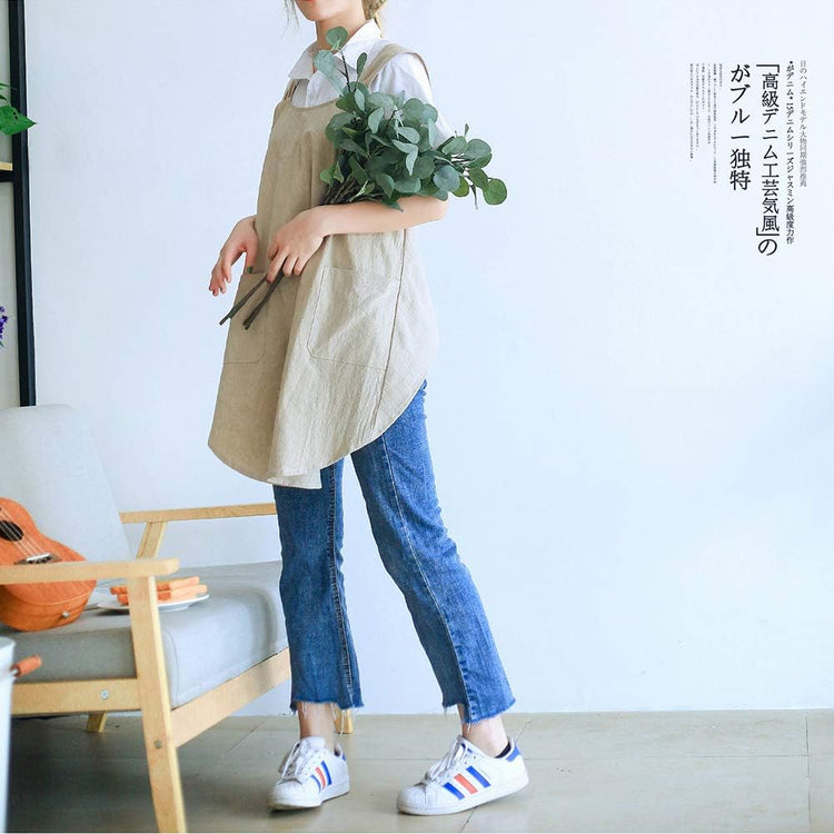NEWGEM Japanese Linen Cross Back Cooking Aprons for Women Men with Pockets Cute for Baking Kitchen
