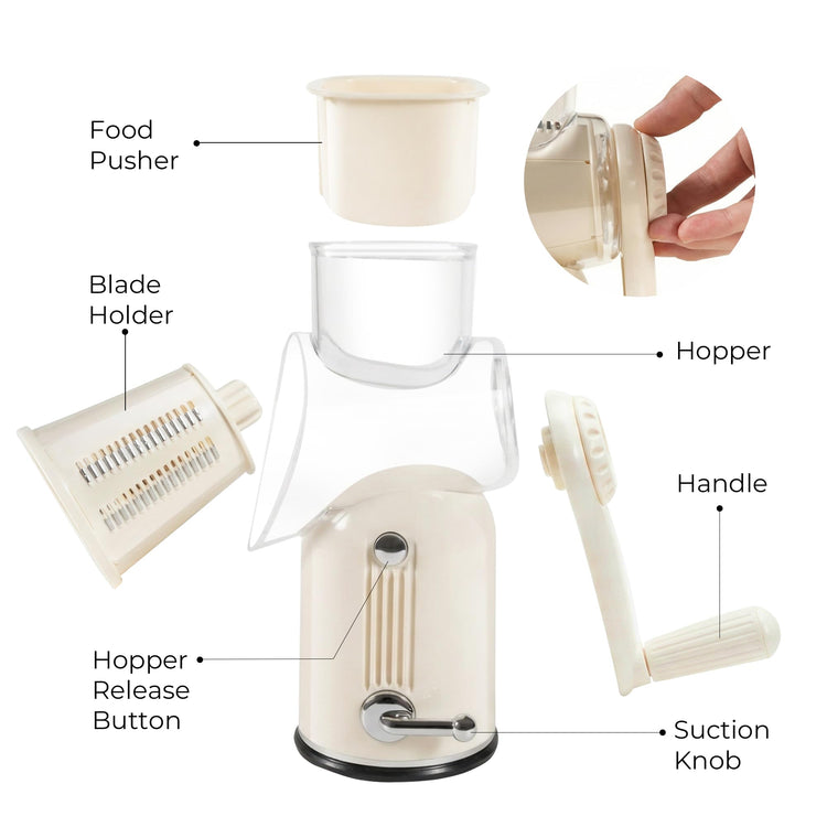 Rotary Cheese Grater Manual Hand Crank with 5 Blades & Suction Base