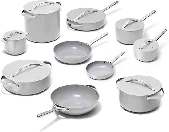 Caraway 24-Piece Nonstick Ceramic Cookware Set - Includes Fry Pans, Sauce, Sauté Pan, Dutch Oven, Petite Cooker, Stir Fry, Rondeau, Stock Pot, Lids & Storage Organizers - Gray
