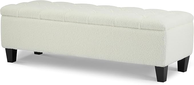 Christopher Knight Home Ottilie Boucle Fabric Storage Ottoman Bench, Wooden Rectangular Ottoman with Storage, Bedroom End of Bed Foot Stool, Entryway Ottoman Footrest, Living Room Extra Seat, White