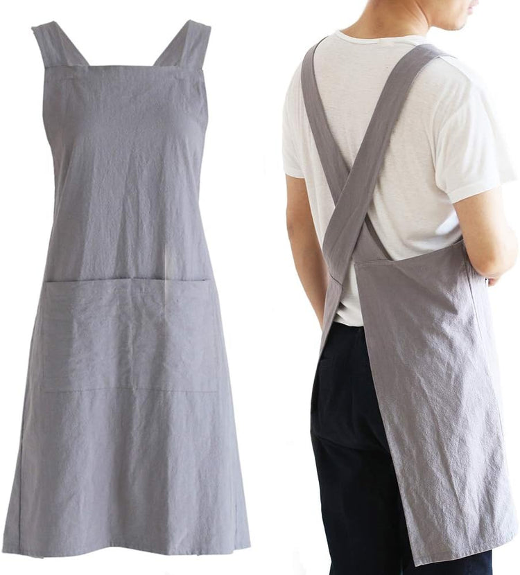 NEWGEM Japanese Linen Cross Back Cooking Aprons for Women Men with Pockets Cute for Baking Kitchen