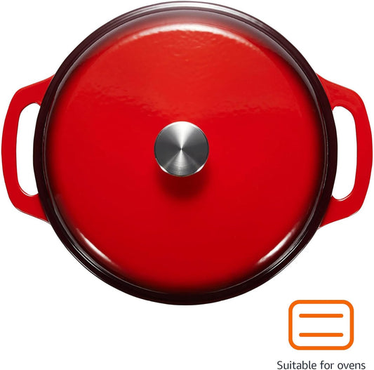 Amazon Basics Cast Iron Dutch Oven Pot with Lid, Enameled, Round, Dual Handles, Heavy-Duty, Medium, 6-Quart, Red - Nestoria