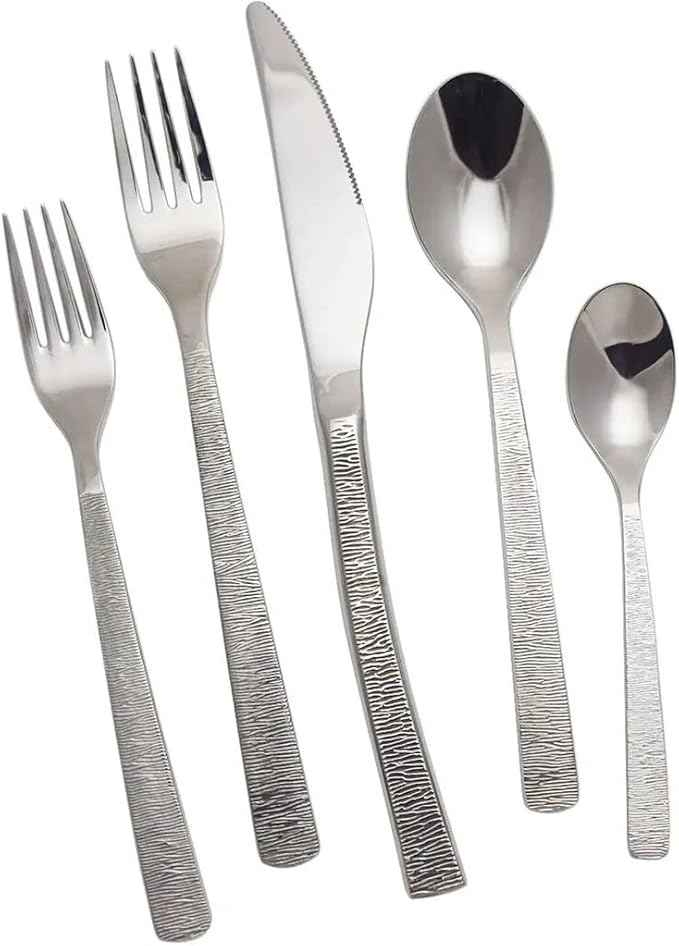 Degrenne Luxury French Cutlery Set - 5 Piece Silverware Set, Includes Forks, Spoons & Knife, Stainless Steel Flatware, Dishwasher Safe, Made in France - Astree Cisele Mirror