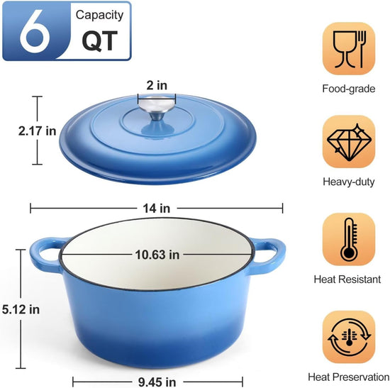 P&P CHEF 6QT Enameled Dutch Oven, Cast Iron Dutch Oven Pot with Lid for Bread Baking, Enameled Casserole Pot for Roasting Braising Stewing Frying Simmering, Various Stoves & Easy Clean, Blue - Nestoria