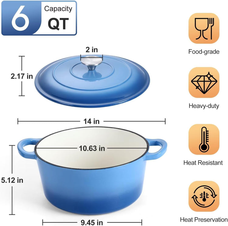 P&P CHEF 6QT Enameled Dutch Oven, Cast Iron Dutch Oven Pot with Lid for Bread Baking, Enameled Casserole Pot for Roasting Braising Stewing Frying Simmering, Various Stoves & Easy Clean, Blue - Nestoria