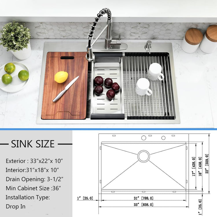 33 Inch Drop In Kitchen Sink Workstation