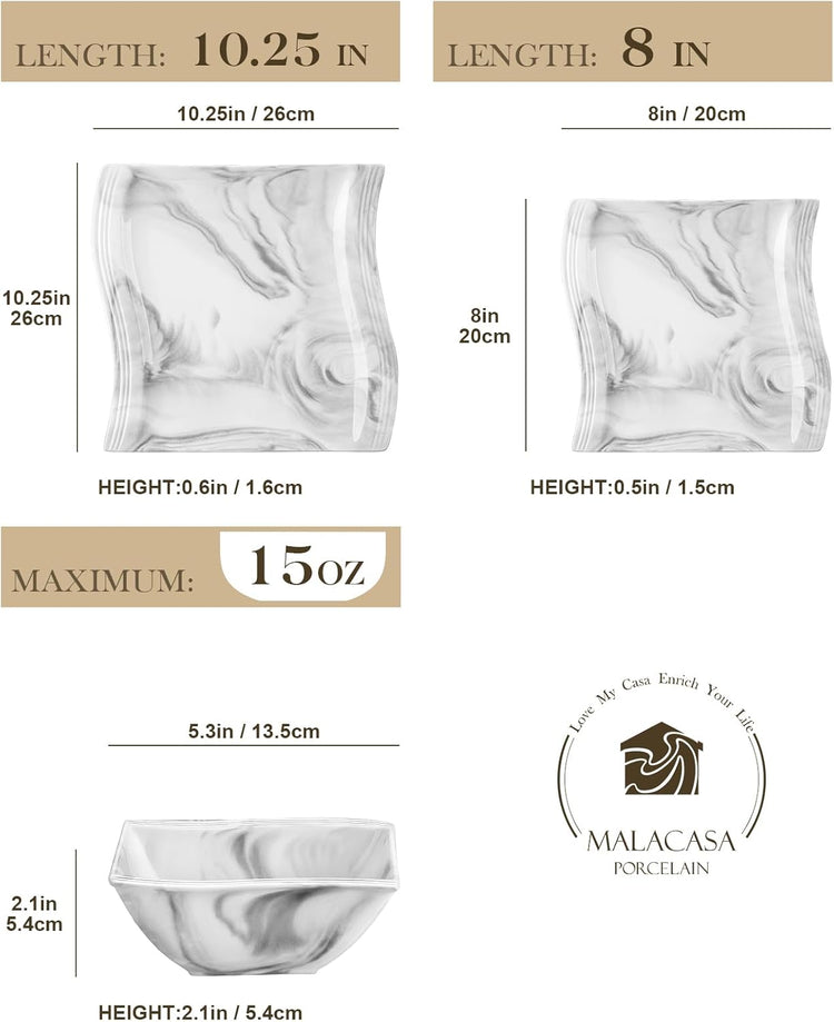 MALACASA Plates and Bowls Sets, 12 Pieces Modern Porcelain Dinnerware Sets for 4, Marble Dishware Set Kitchen Dining Ware Set, Square Ceramic Dish Set, Microwave and Dishwasher Safe, Series Flora