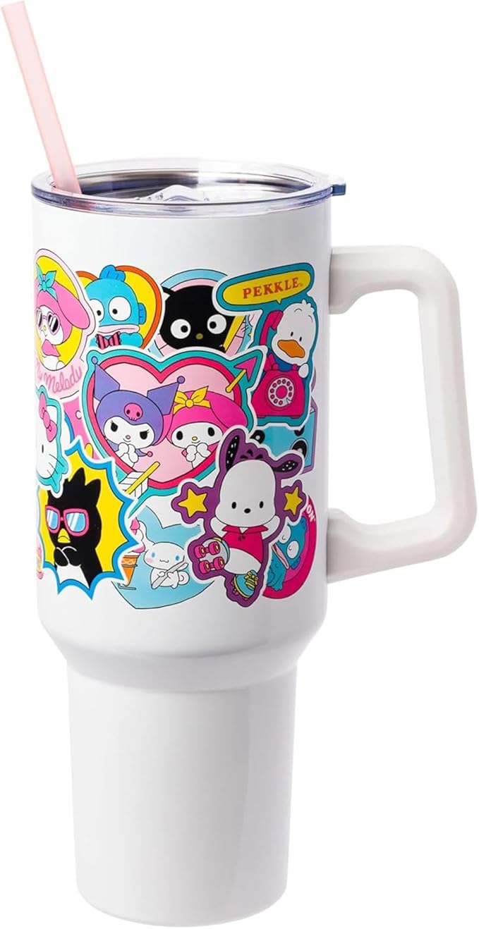Silver Buffalo Sanrio Hello Kitty & Friends Cinnamoroll, Kuromi, Chococat, Badtz-Maru, Keroppi, Sticker Double Walled Stainless Steel Tumbler w Handle and Straw, Fits in Standard Cup Holder, 40 Ounces