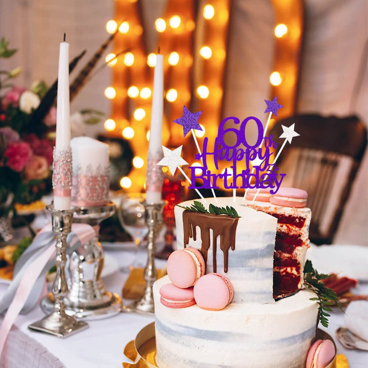 Purple Silver 60th Birthday Cake Topper with Glittery Stars (7 Count)