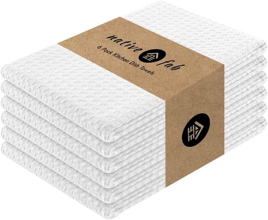 Native Fab Cotton Kitchen Towel with Hanging Loop 16x26 inches, 6-Pack, Waffle Weave Kitchen Towels for Cleaning Drying, Washcloths Soft & Absorbent Cloth Rags, Bar Towel, Dish Cloth, White - Nestoria
