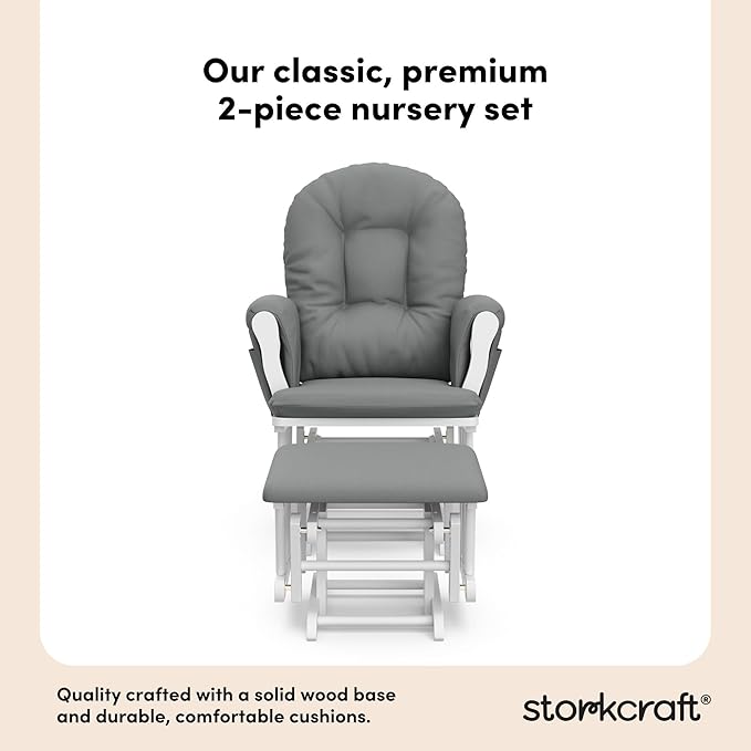 Storkcraft Premium Hoop Glider & Ottoman (White/Gray) — GREENGUARD Gold Certified Nursery Glider, Solid Wood Craftsmanship, Smooth-Gliding, Award-Winning