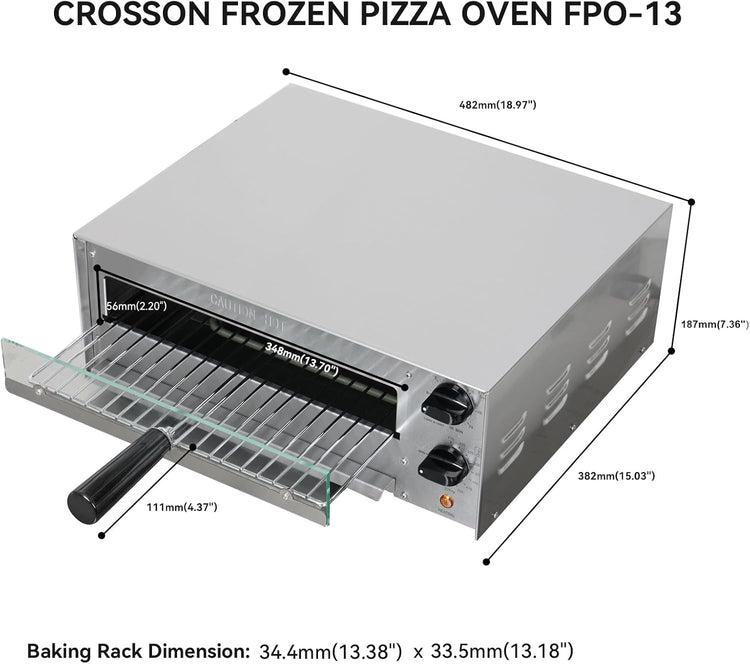 CROSSON Countertop Electric Frozen Pizza Oven For Indoors with 30-minitue Timer,Glass Door and Interior Light,Commercial Pizza Maker for Restaurant and Home Use,120V/1550W (13 Inch)