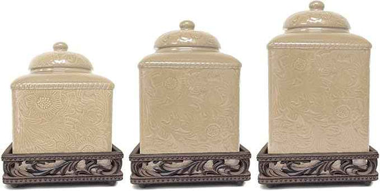 HiEnd Accents Savannah 3 Piece Ceramic Dinnerware Square Canister Set with Base, Cream Tooled Leather Floral Pattern, Modern Rustic Western Style