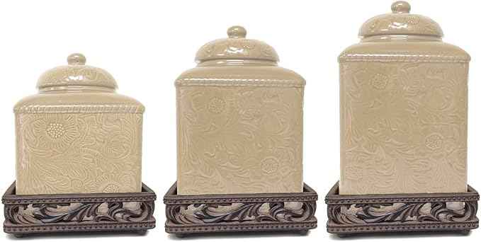 HiEnd Accents Savannah 3 Piece Ceramic Dinnerware Square Canister Set with Base, Cream Tooled Leather Floral Pattern, Modern Rustic Western Style